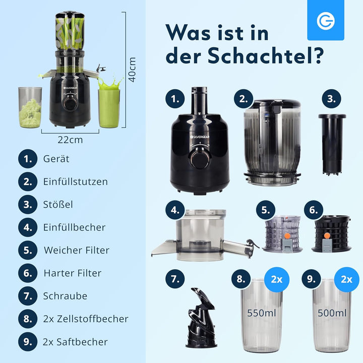 Silvergear® Entsafter | für Obst- und Gemüsesäfte | Saftpresse Elektrisch Leistungsstarker Motor mit