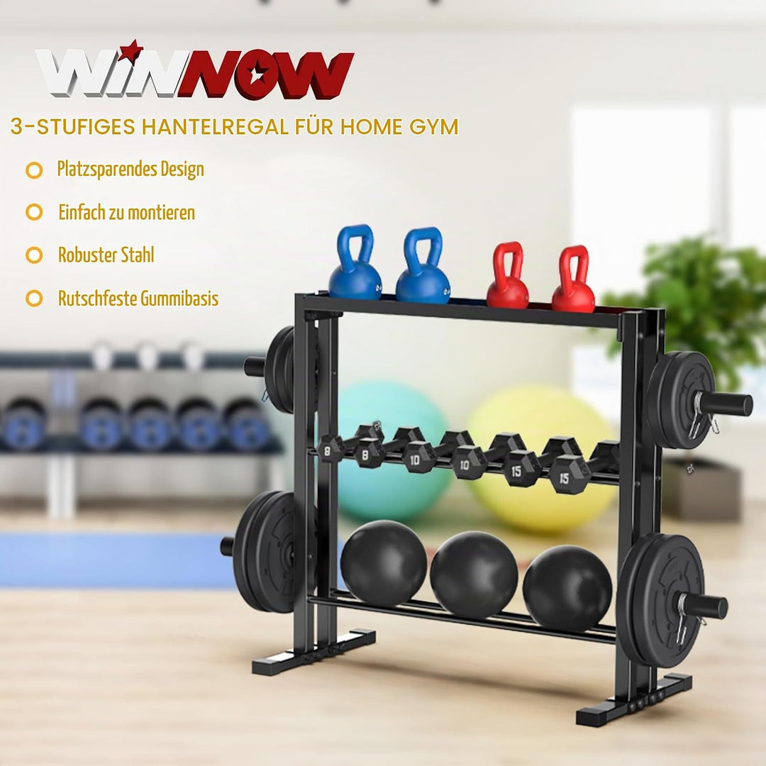 WINNOW Hantelständer, 3-Tier Gewichte Aufbewahrungsständer für Hanteln, Hantelplatten und Kettlebell