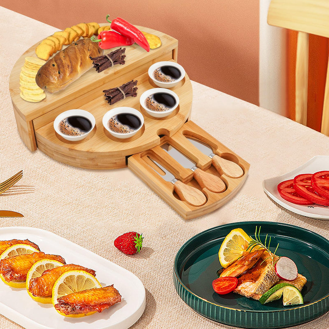 Käseplatte Bambus Käsebrett mit Messer Set Käsewerkzeug-Set, Drehbare Servierplatte Snackplatte Pizz
