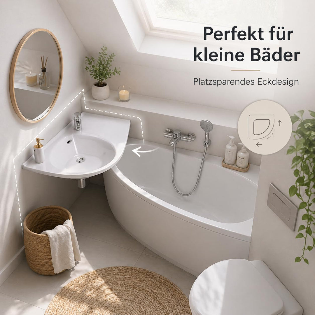 Praktisches Eckwaschbecken | Waschbecken zur Wandmontage mit Hahnloch und Überlauf | Hängewaschbecke