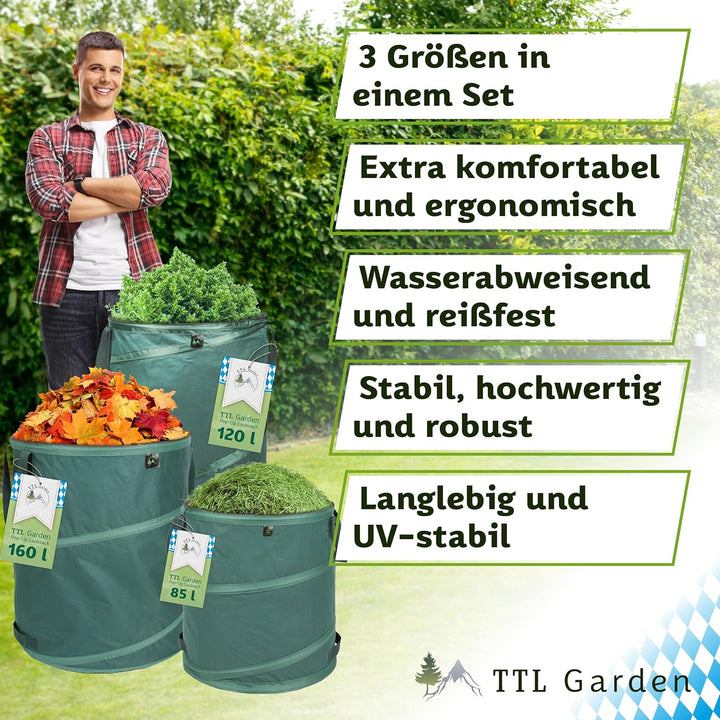TTL Garden 1x85L 1x120L 1x160L Starter Set Pop Up Gartensack Premium - 220gsm 600D Oxford Gewebe sel
