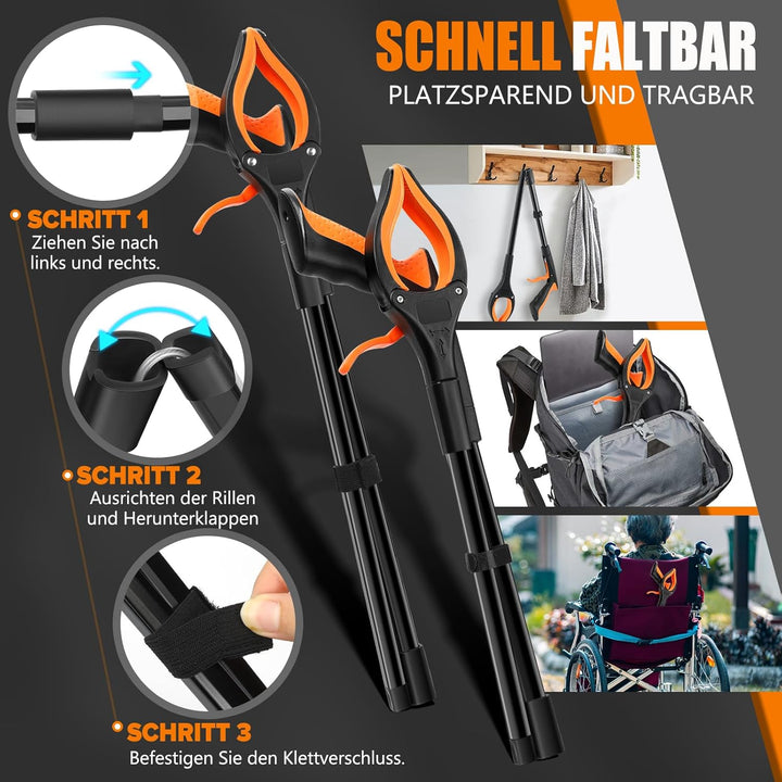 2 Stück Müllzange Greifzange 100 cm, 80 cm - Faltbare Müllgreifer - Drehbar Greifzange für Senioren