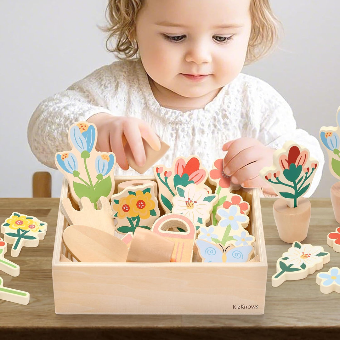 KizKnows Holz Blumengarten Spielzeug Blumen-Set Gartenspiel Montessori Spielzeug Rollenspiel Spielze