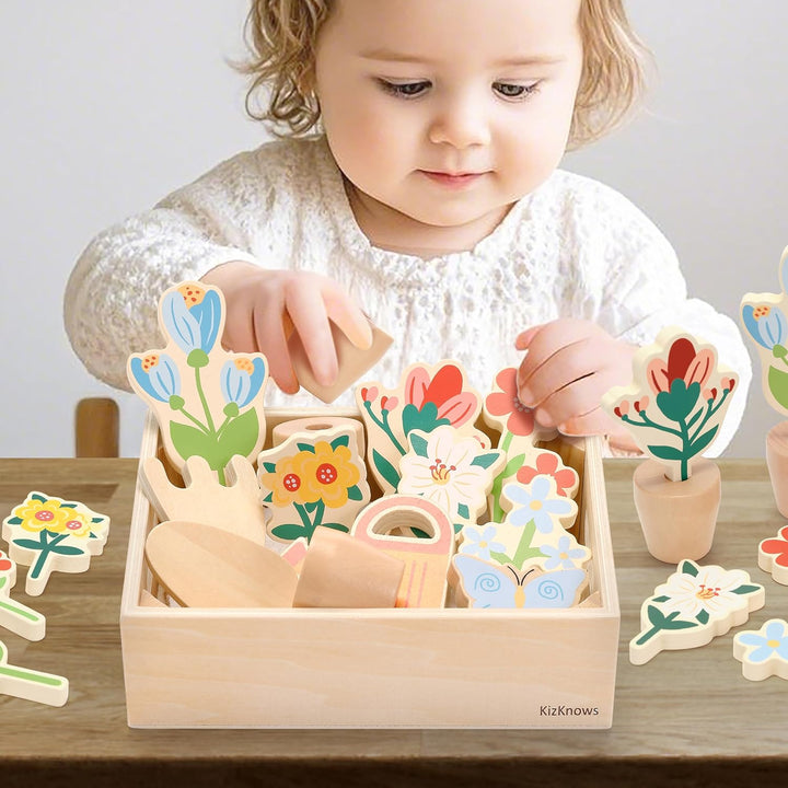 KizKnows Holz Blumengarten Spielzeug Blumen-Set Gartenspiel Montessori Spielzeug Rollenspiel Spielze