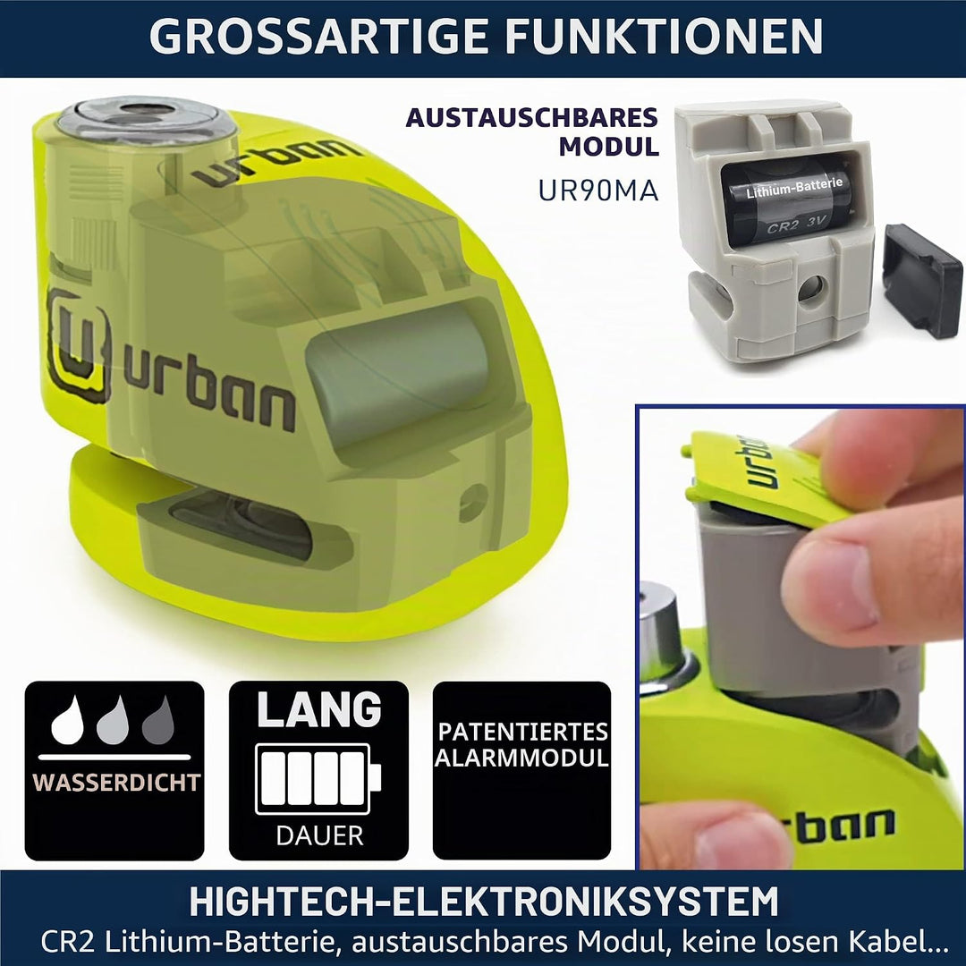 URBAN UR906X Bremsscheibenschloss Alarm 120dB ON/OFF Optionale Aktivierung, Austauschbares Modul, La