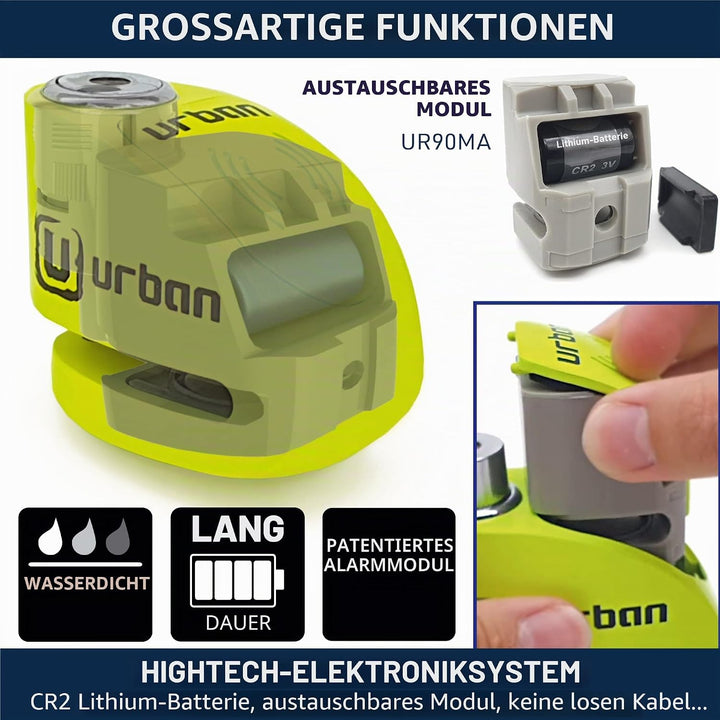 URBAN UR906X Bremsscheibenschloss Alarm 120dB ON/OFF Optionale Aktivierung, Austauschbares Modul, La