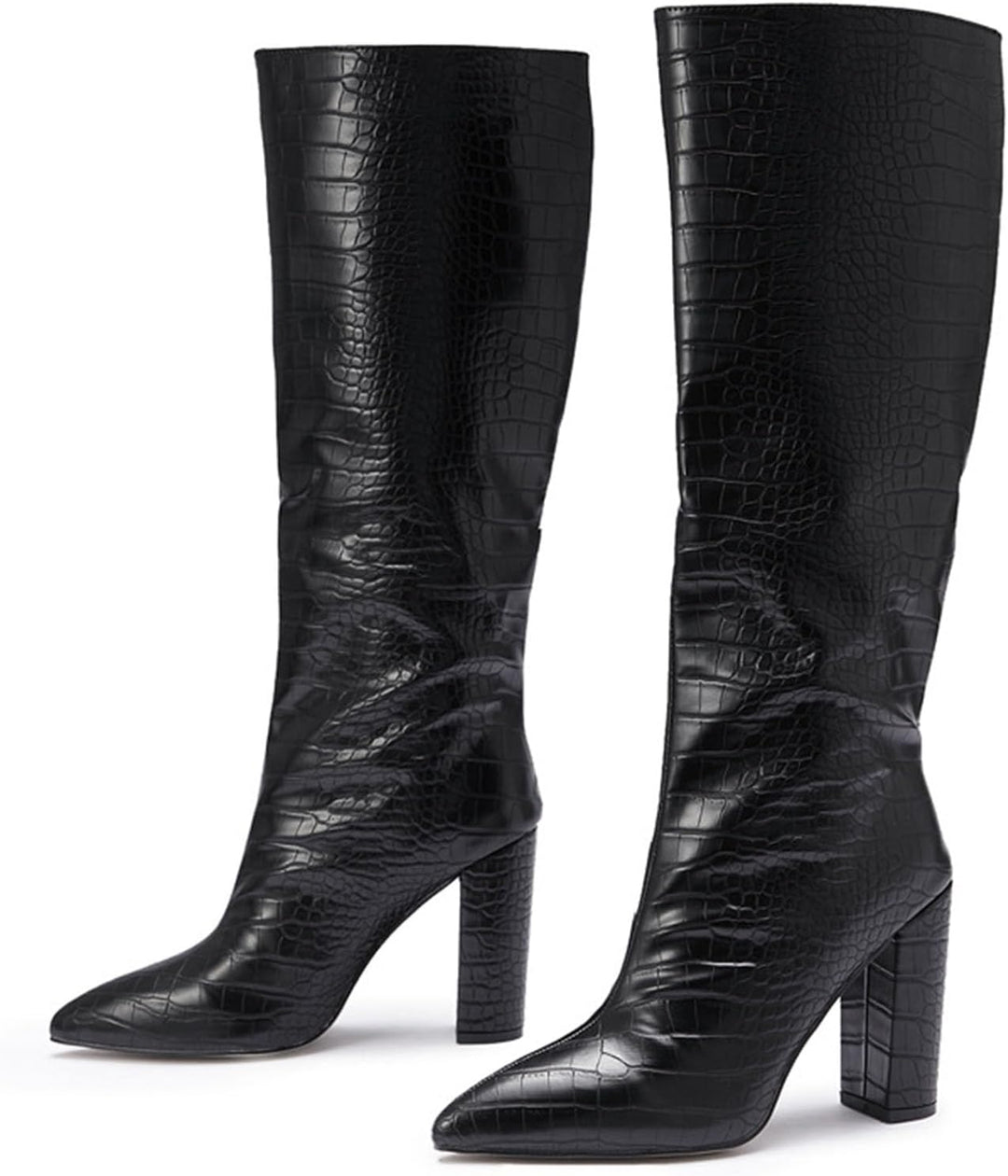Damen Stiefeletten mit Absatz Elegant Spitz Kniehohe Stiefel für Damen, breite Wade, quadratische Ze