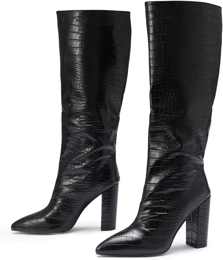 Damen Stiefeletten mit Absatz Elegant Spitz Kniehohe Stiefel für Damen, breite Wade, quadratische Ze