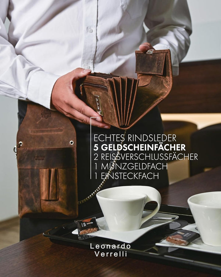 LEONARDO VERRELLI Kellner-Geldbörse aus Leder in braun mit grossem Münzfach Damen Herren Portemonnai