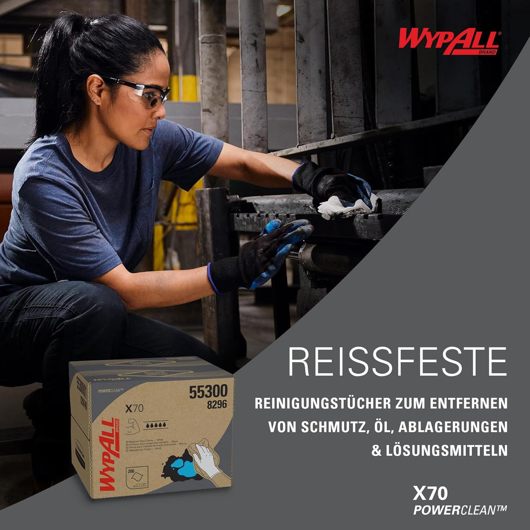 WypAll X70 Power Clean Reinigungstücher 8296 – wiederverwendbare Tücher – 1 BRAG-Box x 200 weisse sa