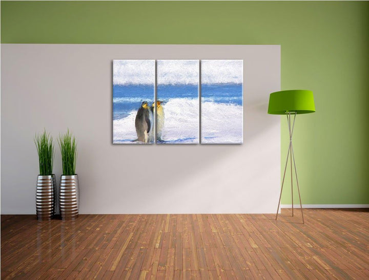 zwei Kaiserpinguine auf Eisscholle NewArt 3-Teiler Leinwandbild 120x80 Bild auf Leinwand, XXL riesig