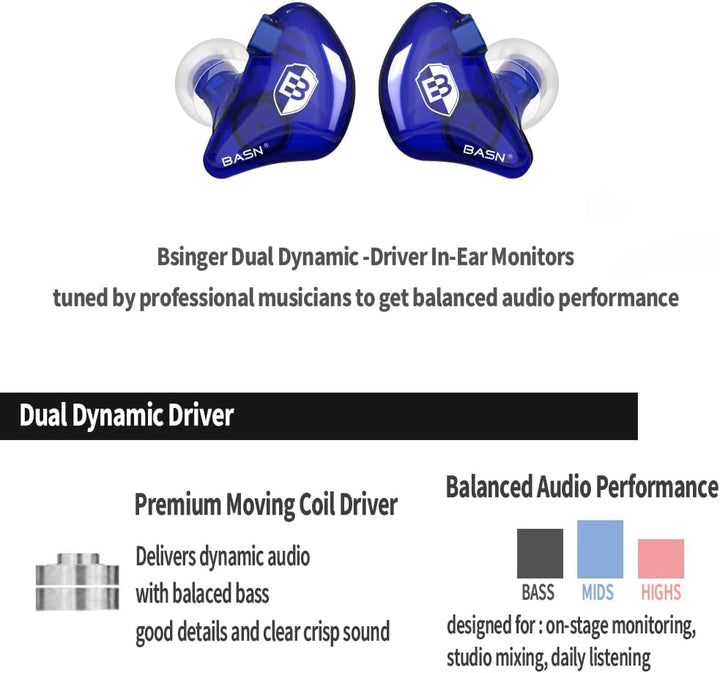 BASN Bsinger In-Ear-Monitore Geräuschisolierende Kopfhörer, Dual-dynamische Treiber High Definition