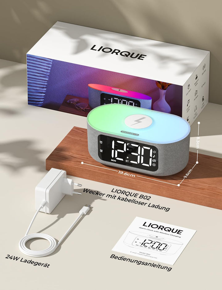 LIORQUE Digitaler Radiowecker mit Kabelloser Ladestation, Bluetooth Wecker mit Licht, 15W Fast Wirel