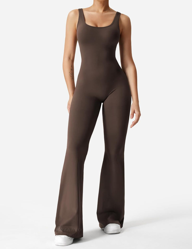 ZAAYO Damen Flared Jumpsuit Tight Scrunch Butt Overalls Lang Ärmelloser Sport rückenfrei Jumpsuit Yo