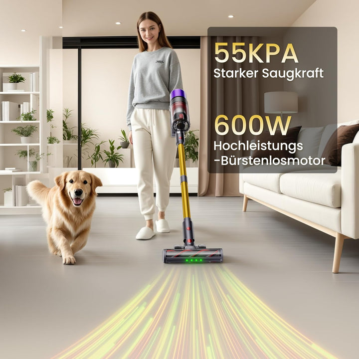 X7 Akku Staubsauger 55Kpa/600W/80Min, Staubsauger Kabellos mit LED Display, Akkustaubsauger Selbstla