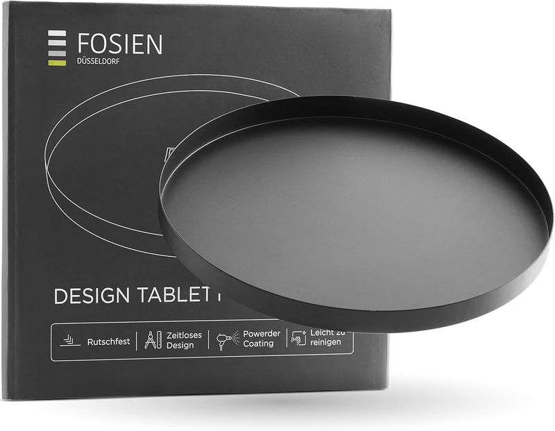 FOSIEN® Design Tablett Schwarz aus Metall mit Anti Rutsch Beschichtung auf der Unterseite/dekoteller