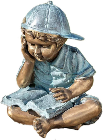 IDYL Bronze-Skulptur Lesender Junge | 29x24x25 cm | Kinderfigur aus Bronze handgefertigt | Gartensku