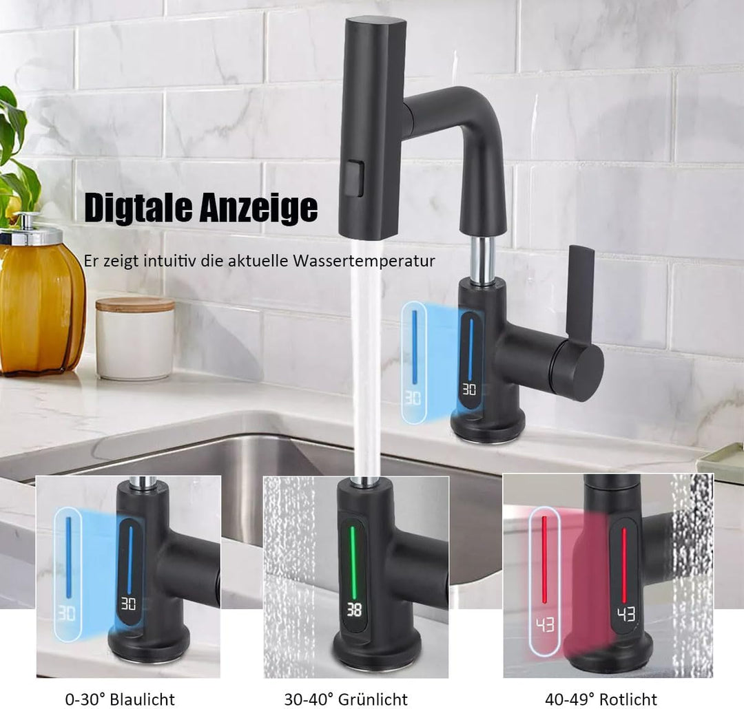 Wasserhahn Küche Schwarz, Küchenarmatur Ausziehbar,digtale Anzeige, Spültischarmatur mit Brause Drei