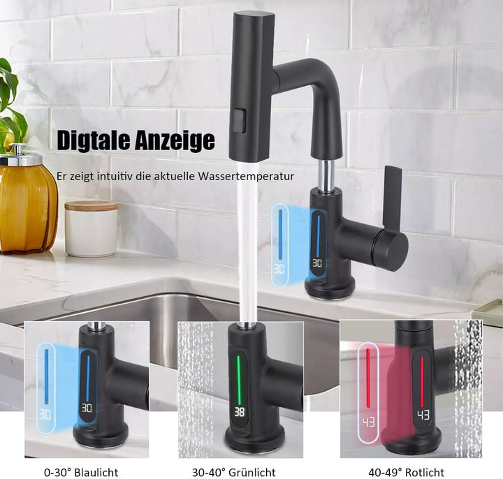 Wasserhahn Küche Schwarz, Küchenarmatur Ausziehbar,digtale Anzeige, Spültischarmatur mit Brause Drei