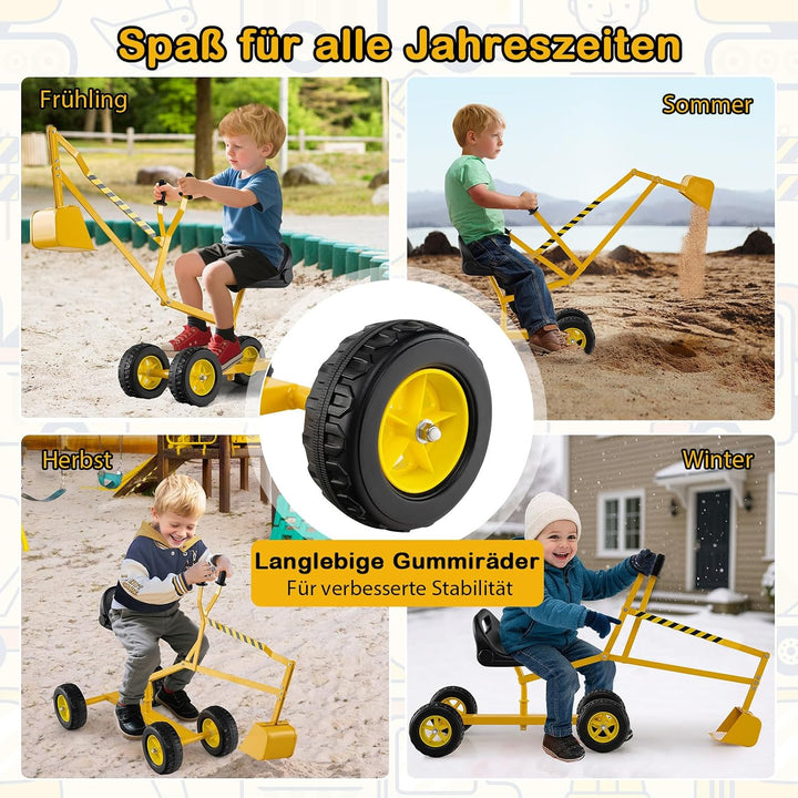 DREAMADE Sandbagger für Kinder, Aufsitzbagger mit 360° drehbarem Sitz, flexiblem Schaufelarm, ergono