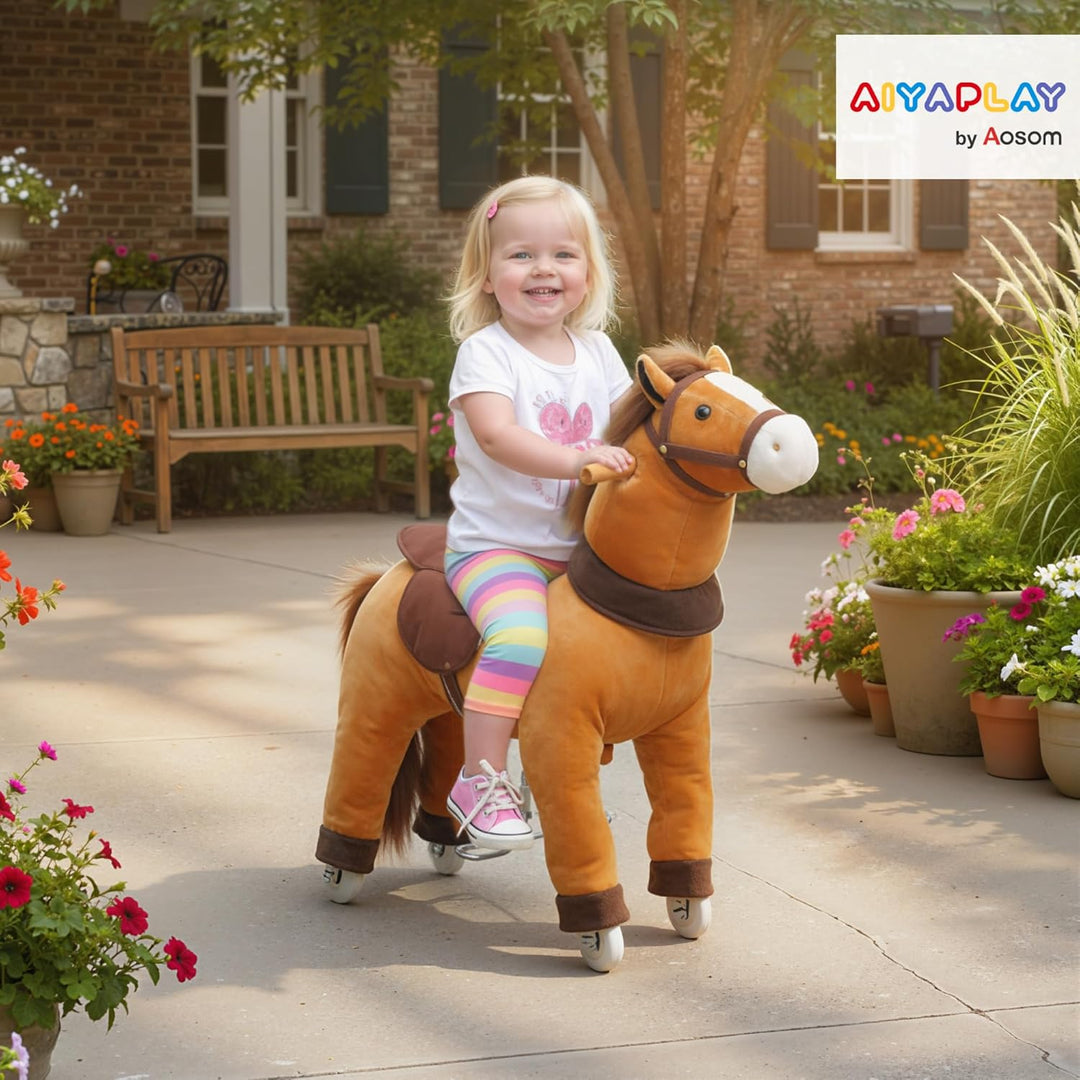 AIYAPLAY Reitpferd, Spielpferd zum Reiten mit Sattel Rollen, 75 cm Stehpferd, Plüschpferd für Kinder