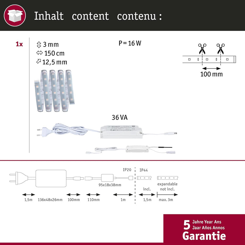 Paulmann 78883 LED Stripe MaxLED 500 Basisset Smart Home Zigbee IP44 1,5m incl. 1x14 W dimmbar RGBW