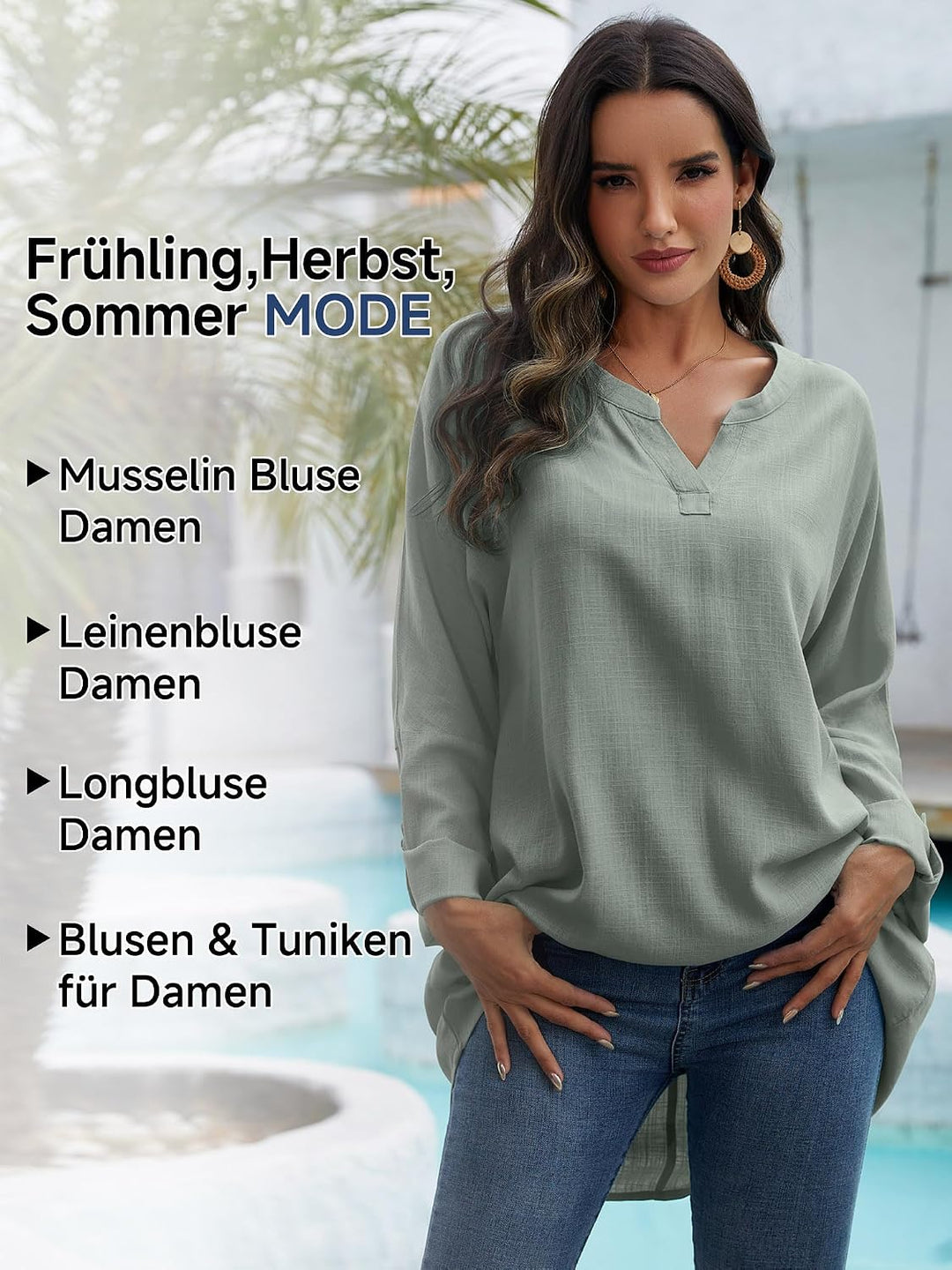 Leinenbluse Damen Musselin Bluse Sommer Longshirt Blusen Tuniken für Damen Longbluse Hemdbluse Overs