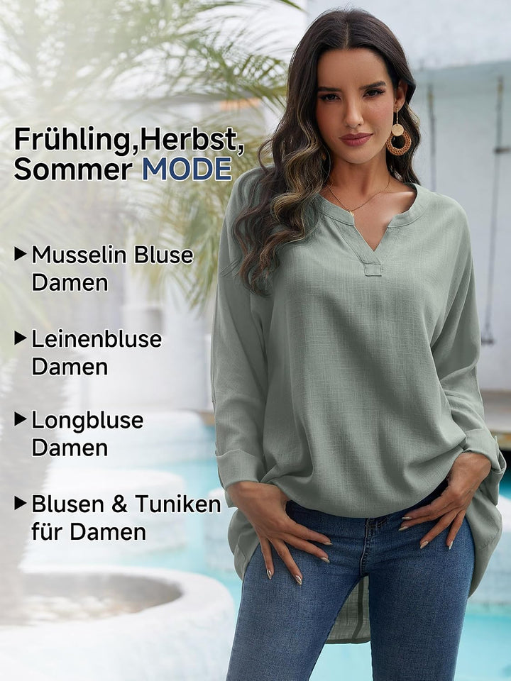 Leinenbluse Damen Musselin Bluse Sommer Longshirt Blusen Tuniken für Damen Longbluse Hemdbluse Overs