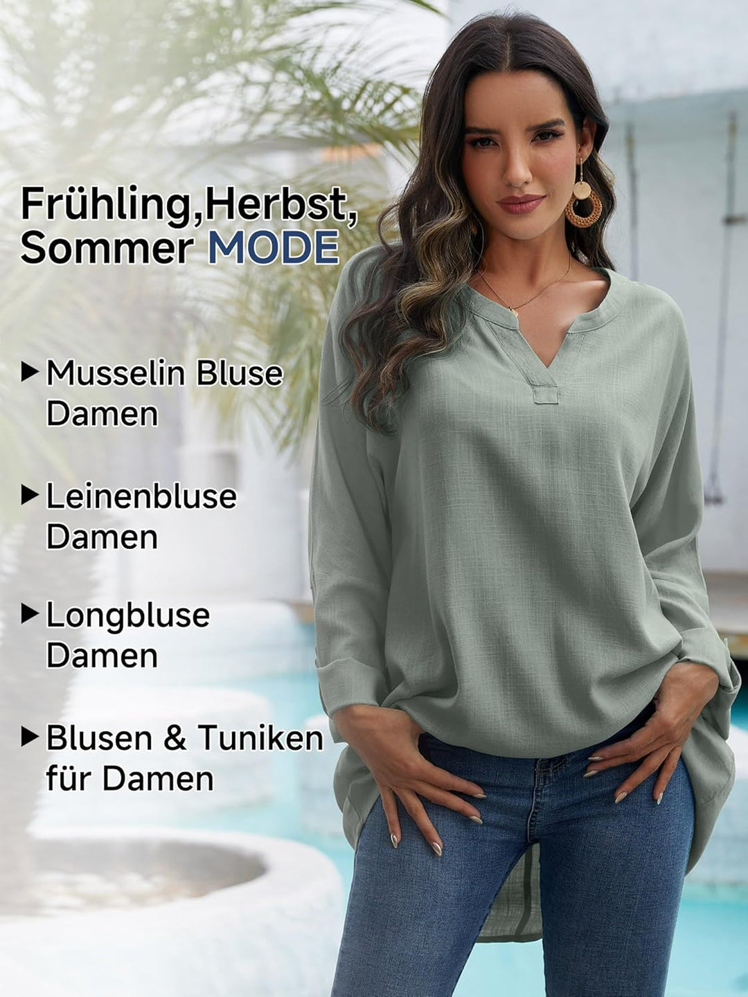 Tincini Leinenbluse Damen Bluse Damen Sommer Tunika V-Ausschnitt Grosse Grössen Blusenshirt Damen La