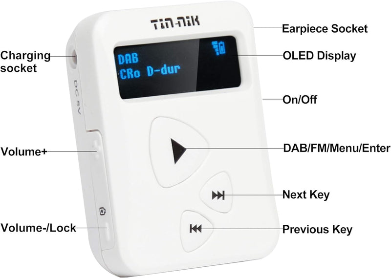 Tin- Nik DAB-398WS tragbares DAB/DAB+/UKW-Radio, digitales Taschen-RDS UKW-Mini-Radio mit wiederaufl