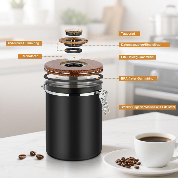 Kaffeedose Luftdicht 1kg Bohnen, 2,8 L Kaffeebohnenbehälter aus Edelstahl mit Deckel aus Holzmaserun