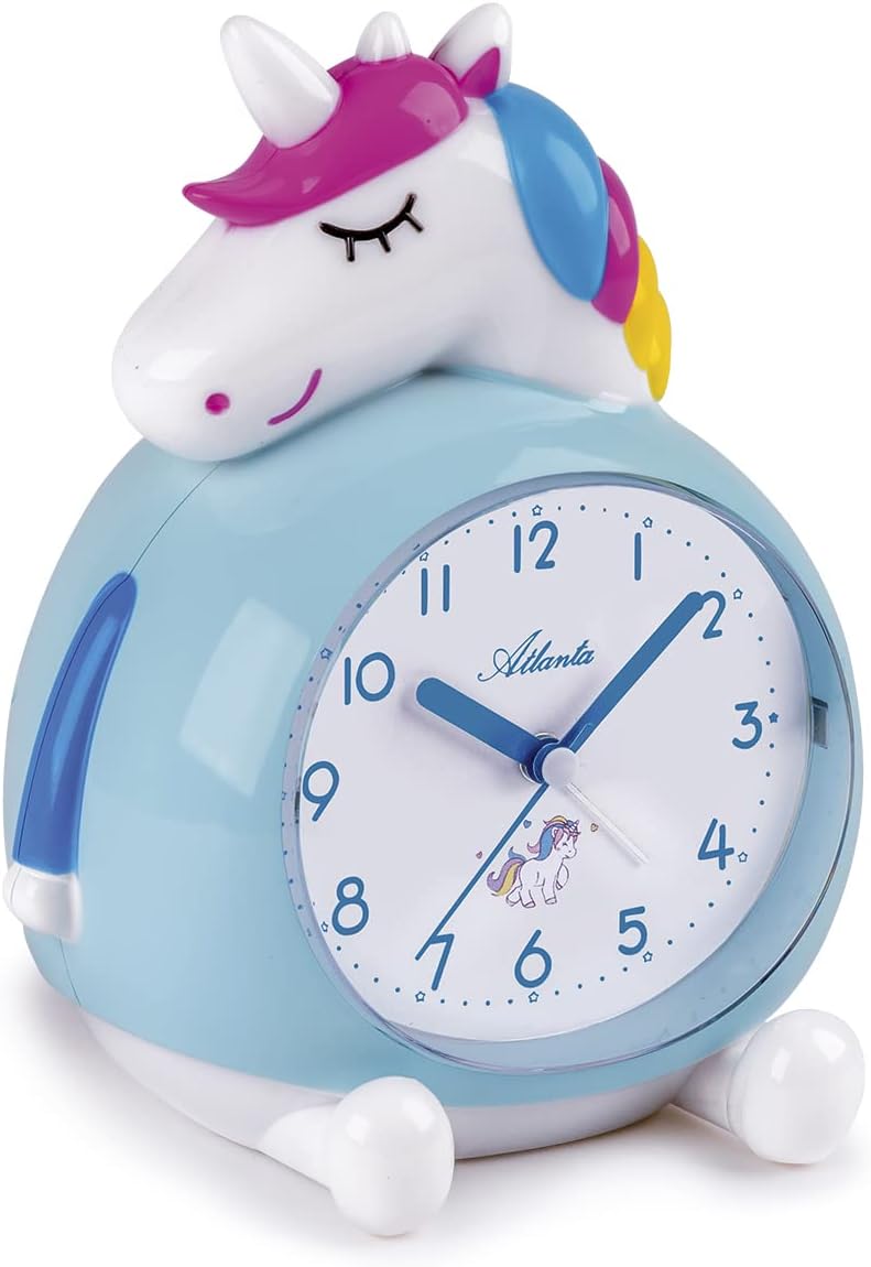 Atlanta Kinderwecker ohne Ticken mit Musik + Radiergummi Einhorn - 2163 Rad (Blau), Blau