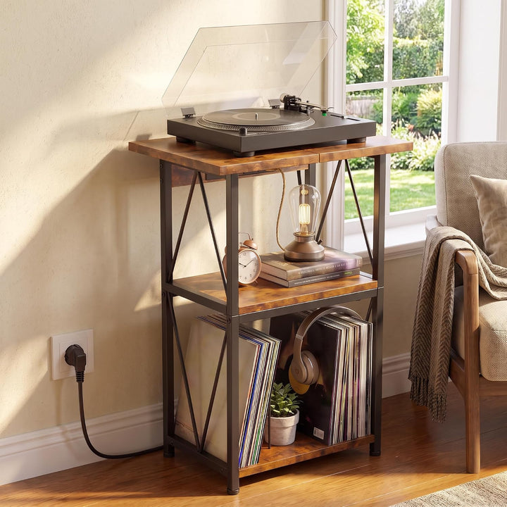 Plattenspieler Regal mit Ladestation, 50x40cm Schallplatten Regal, Braun | Stabiles Plattenspieler R