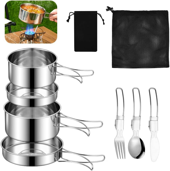 SLTAXAR Camping Kochgeschirr Set Edelstahl Kochtopf mit Pfanne Outdoor Kochgeschirr Picknick Topf 2-