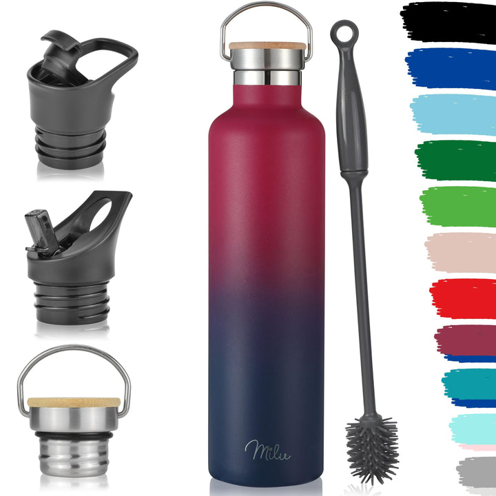 Milu Edelstahl Trinkflasche 500ml, 750ml, 1000ml (+3 Deckel) - Thermosflasche mit Strohhalm, Isolier
