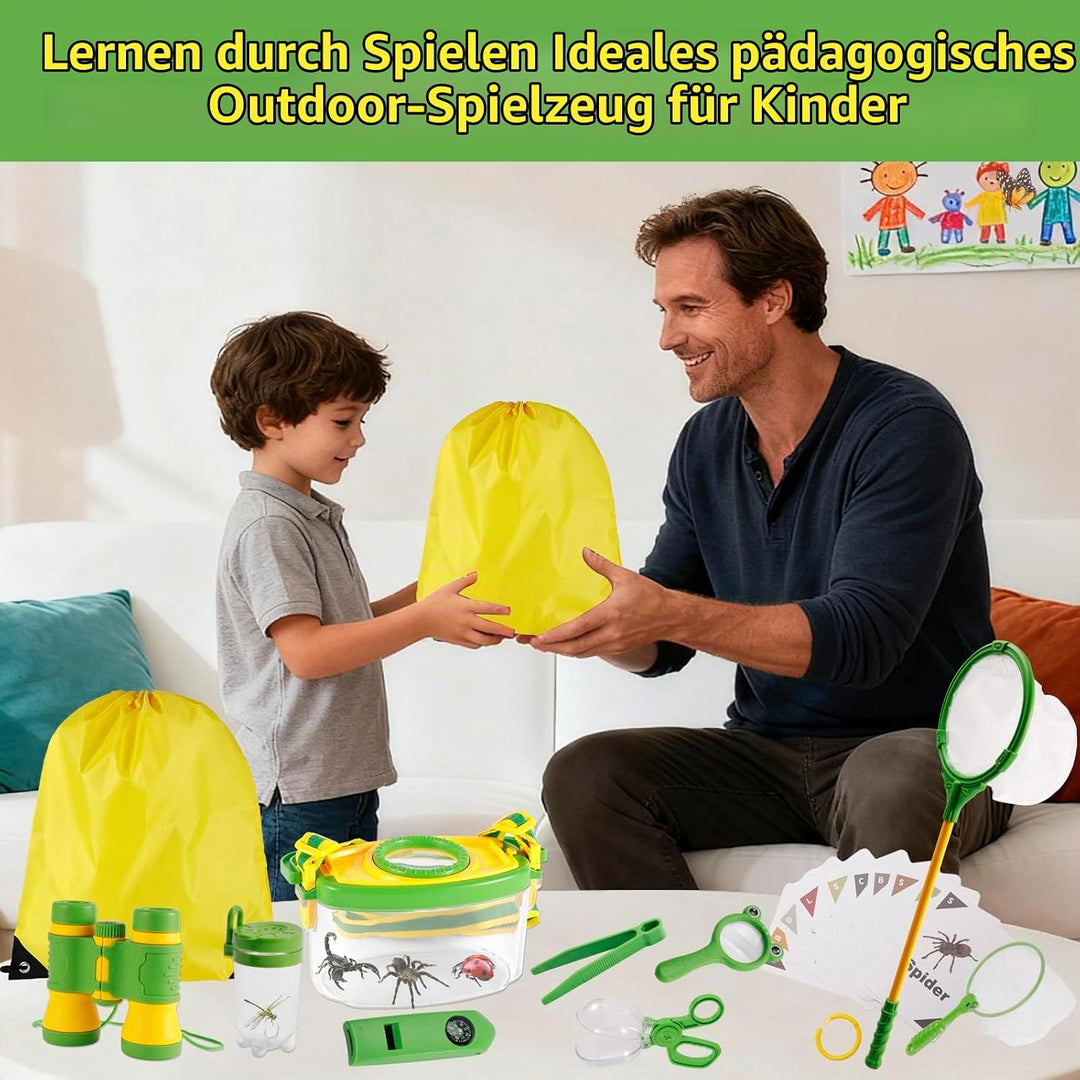 Forscherset für Kinder ab 4, 22 Stück Entdecker Set mit Insektenfänger Kompass Becherlupe Fernglas f