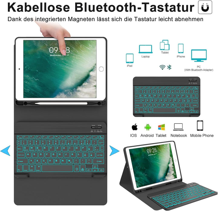 Hülle mit Tastatur für iPad 6. Generation 9.7 Zoll, 7-Farbige Beleuchtung, Magnetisch Abnehmbarer QW
