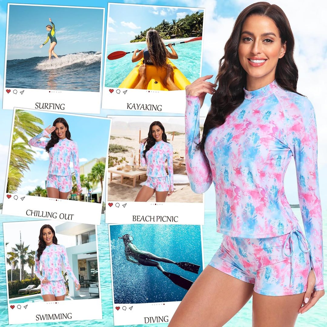 UNIQUEBELLA Rash Guard Damen, UV-Schutz UPF 50+ Langarm Surf Shirt mit Schönen Mustern Bademode Bade
