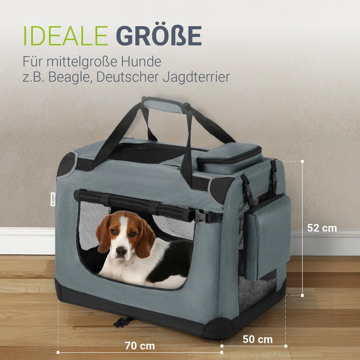 Juskys Hundetransportbox Lassie L (grau) faltbar - 50 x 70 x 52 cm - Reisebox mit Decke, Tasche & Gr