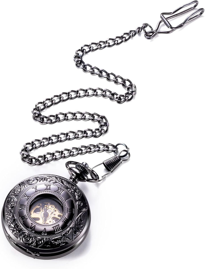 TREEWETO Unisex Taschenuhr mit Kette Analog Handaufzug Doppelscharnier Römische Ziffern Gold/Silber