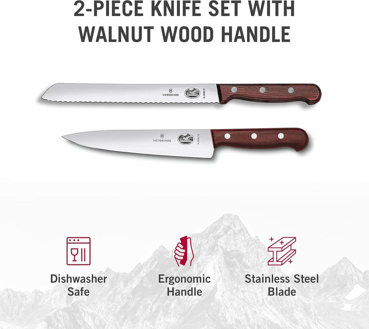 Victorinox Wood Küchengarnitur, Messer Set 2-teilig, Brotmesser, Tranchiermesser, Extra Scharf, Edle