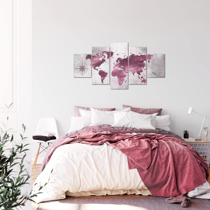 Runa Art Bild Büro Wohnzimmer Weltkarte 5 Teilig Vintage Antik Pink Wandbilder auf Vlies Leinwand 02