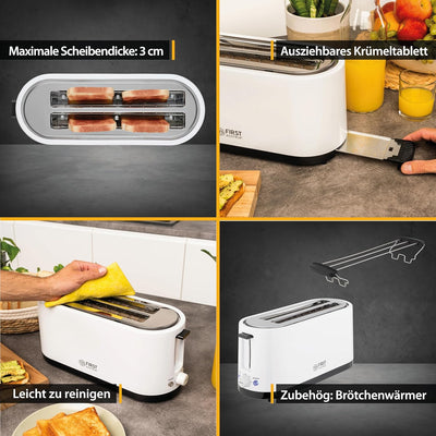 TZS First Austria - Toaster 4 Scheiben Langschlitz 1400W mit Krümelschublade | Brötchenaufsatz | wär