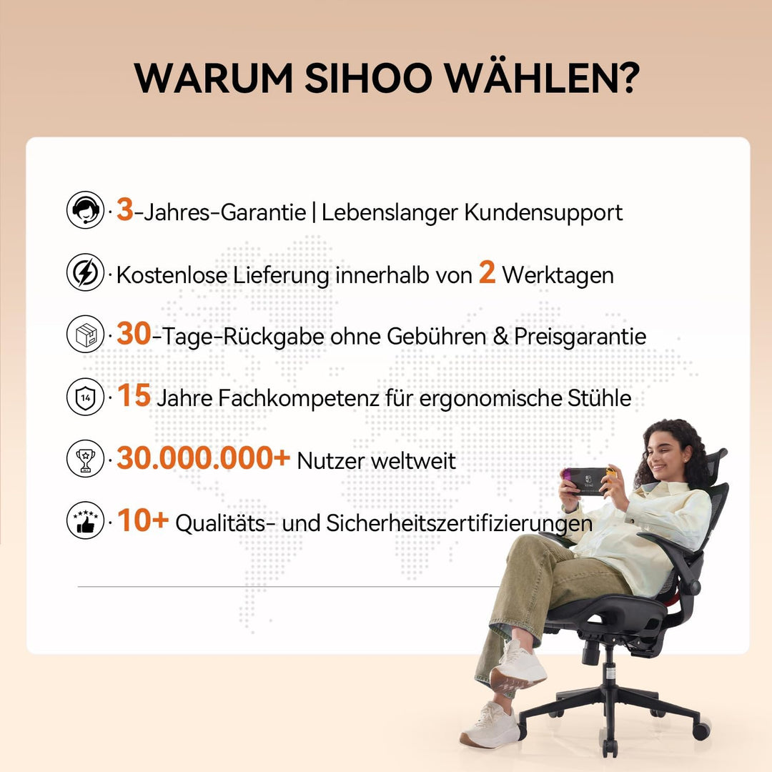 SIHOO Bürostuhl Ergonomisch, Schreibtischstuhl mit 4D Dynamischer Lordosenstütze, Breiter Kopfstütze