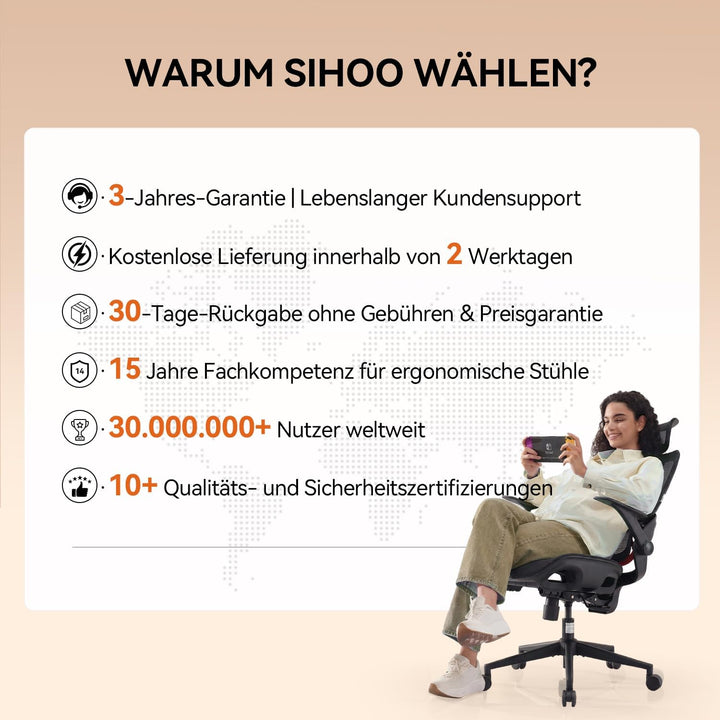 SIHOO Bürostuhl Ergonomisch, Schreibtischstuhl mit 4D Dynamischer Lordosenstütze, Breiter Kopfstütze