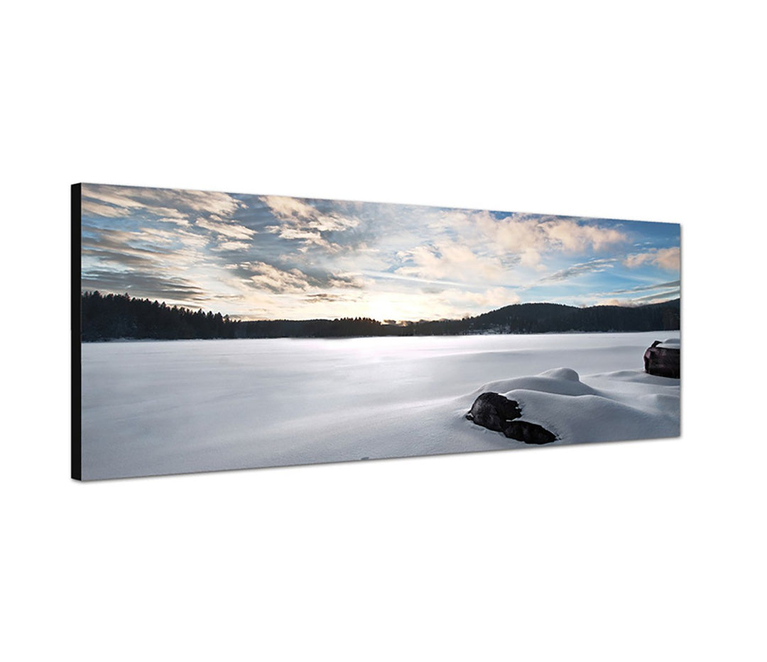 Augenblicke Wandbilder Leinwandbild als Panorama in 150x50cm Schneedecke Eis Wald Sonnenuntergang