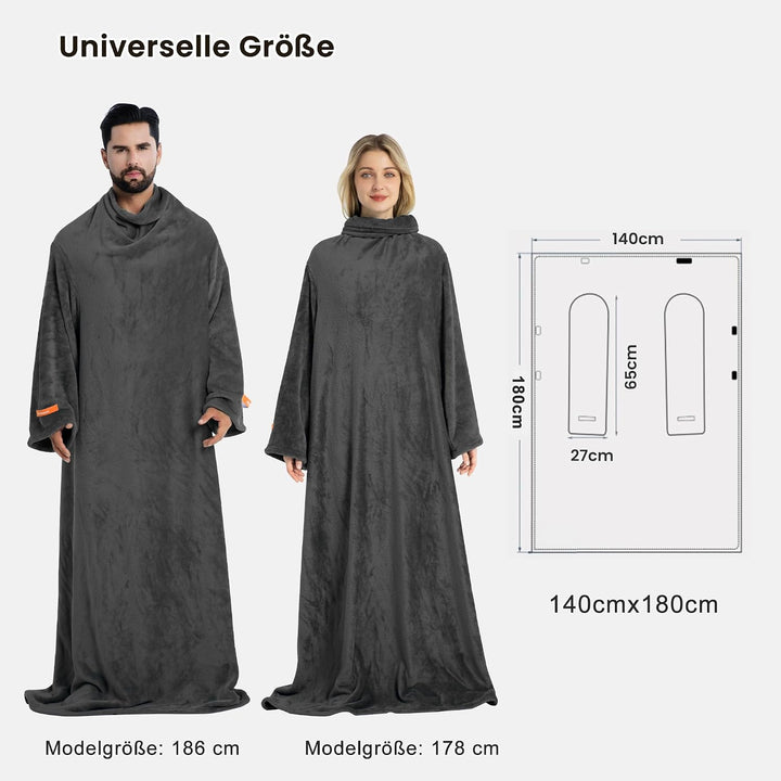 Winthome Kuscheldecke mit Ärmeln, Decke Weich Kuschelig Warm, Sofadecke Fleecedecke mit Klettverschl