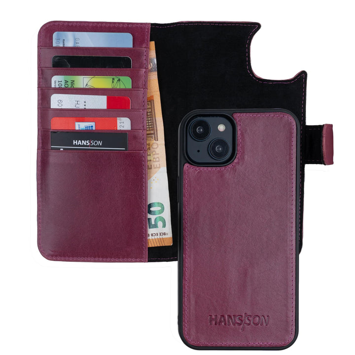 HANS/SON Lederhülle mit Kartenfächern | iPhone 14 | Echtleder | 6,1 Zoll | Schmal | Klapphülle | Sto