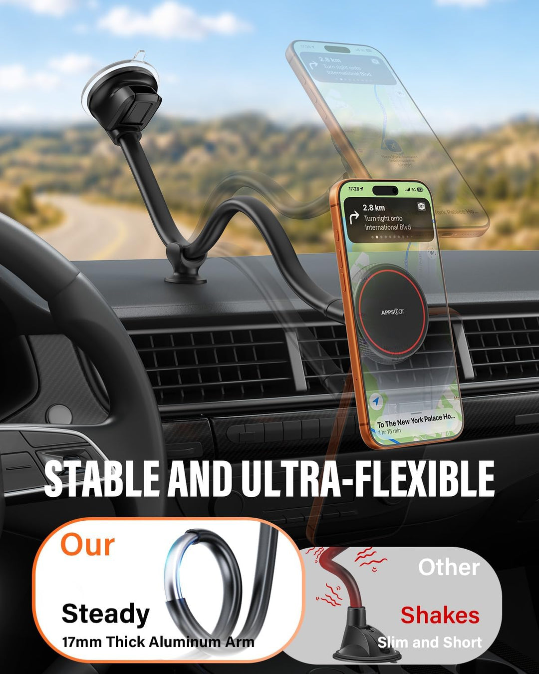 APPS2Car Magnetische Kfz-Handyhalterung für MagSafe – langer Arm 33 cm mit starkem Saugnapf für Wind
