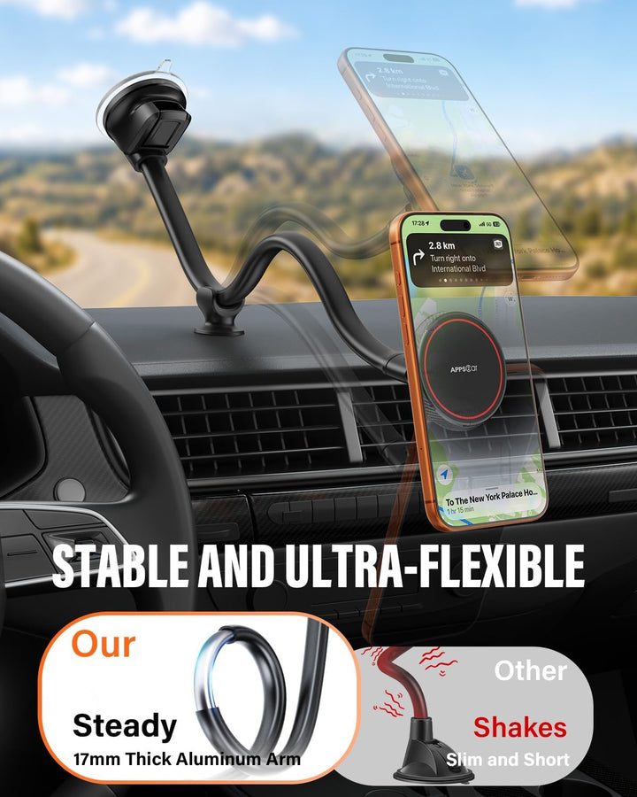 APPS2Car Magnetische Kfz-Handyhalterung für MagSafe – langer Arm 33 cm mit starkem Saugnapf für Wind